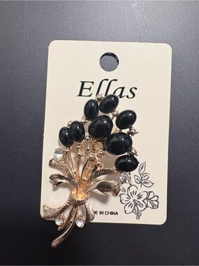 Ella Gold-Tone Floral Brooch with Black Cabochons